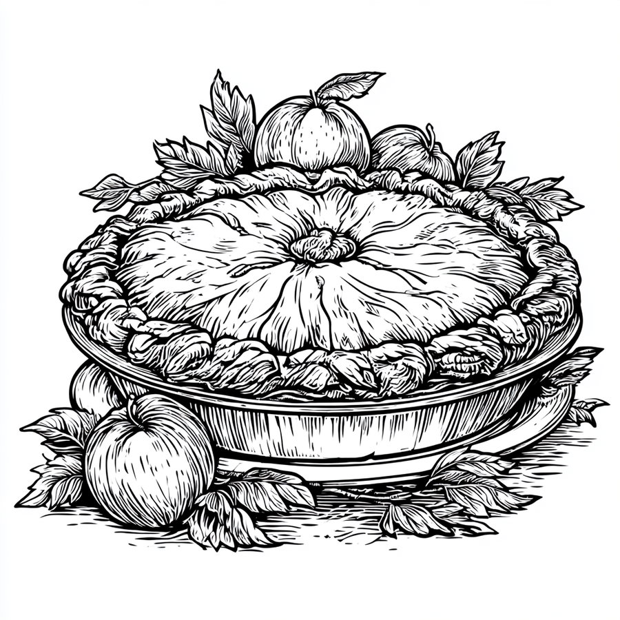Black and white sketch of a baked apple pie in a dish with decorative crust, surrounded by apples and leaves on a white background