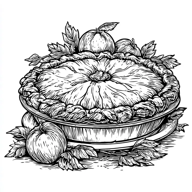 Detailed black and white drawing of an apple pie with surrounding apples and leaves