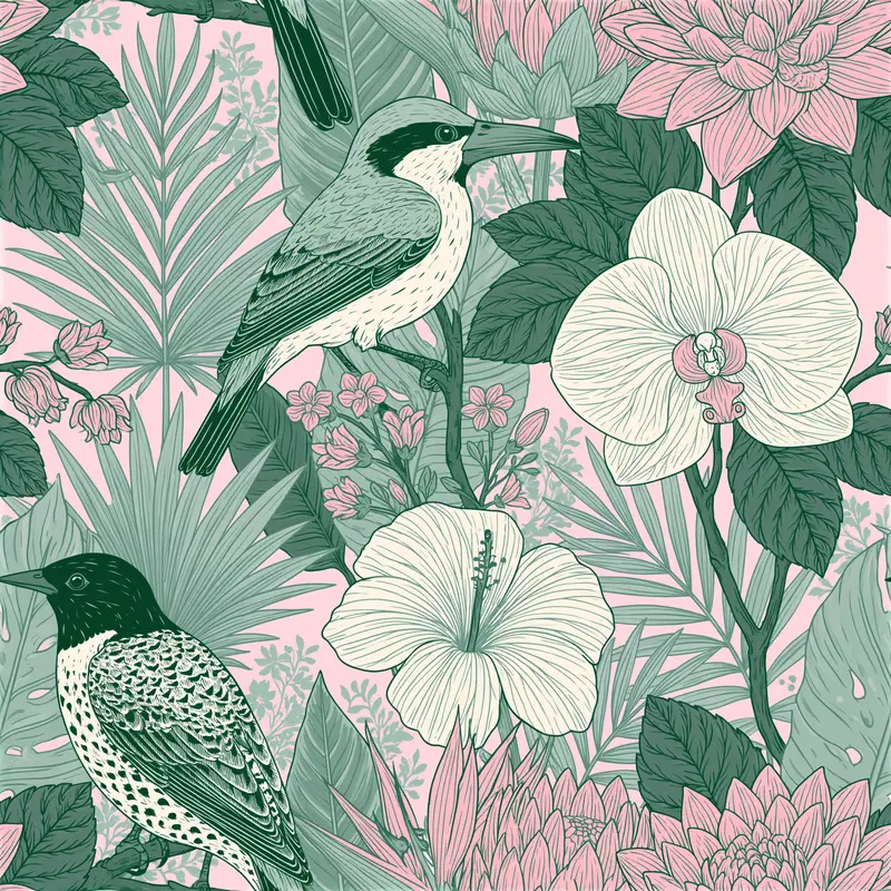 Detailed botanical and bird illustration with tropical flowers and foliage