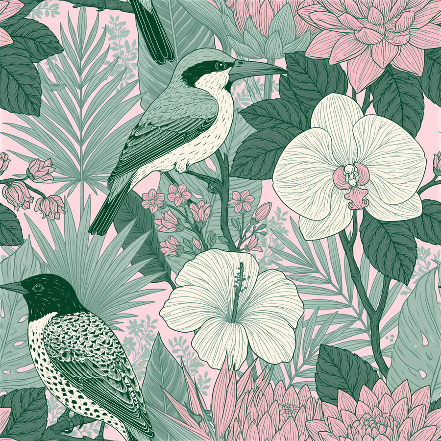 Illustration featuring two birds perched among various tropical flowers and lush leaves in shades of green and pink.