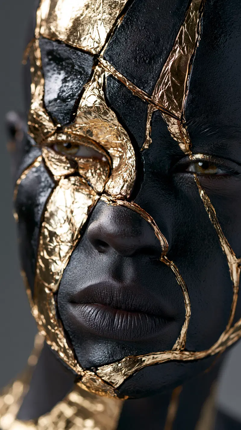 Close-up portrait of a woman with black face paint and gold foil accents
