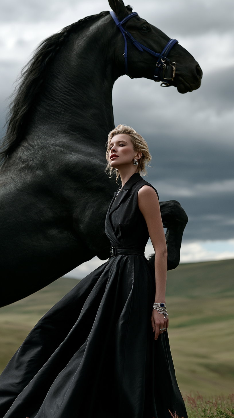 A sophisticated woman wearing a long black dress and jewelry stands in a scenic grassy landscape with dark clouds, accompanied by a large black horse rearing on its hind legs.