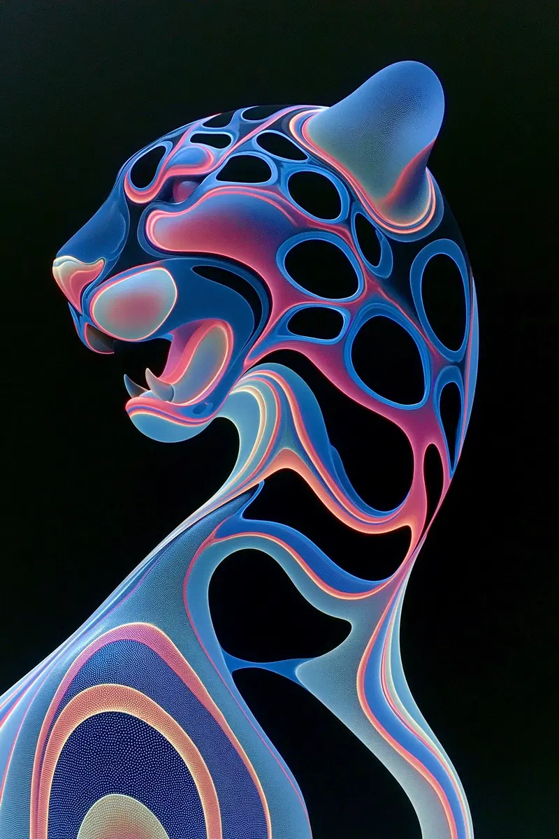 Abstract luminous neon blue and pink panther with open mouth