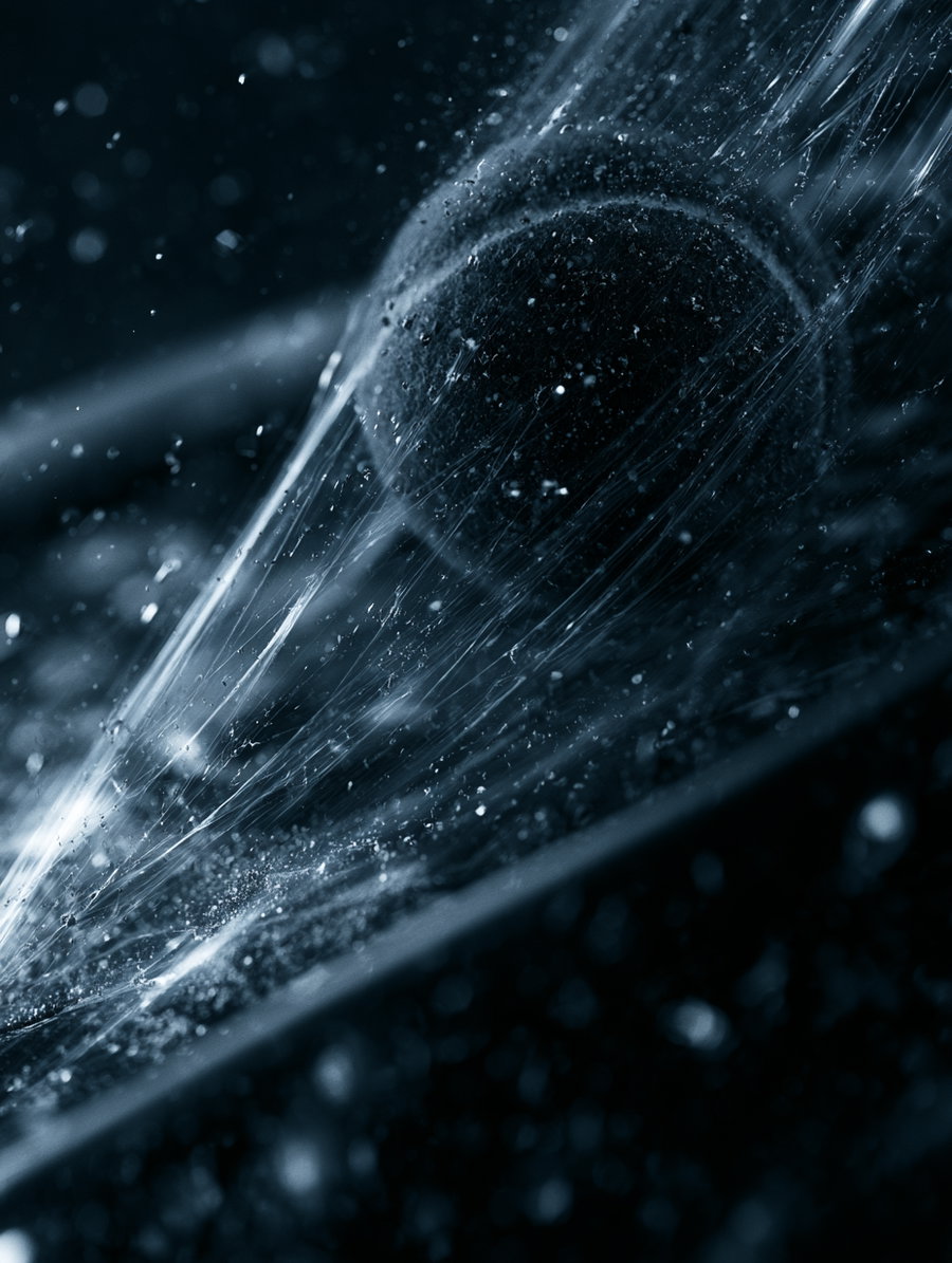 Close-up image of delicate, glowing web strands stretched around a spherical object with small particles floating in a dark, blue-tinted surrounding