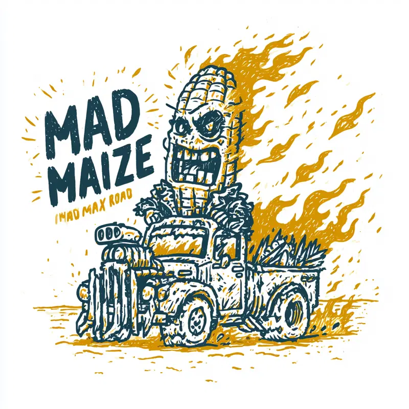 Illustration of an angry anthropomorphic corn on a flaming truck titled Mad Maize