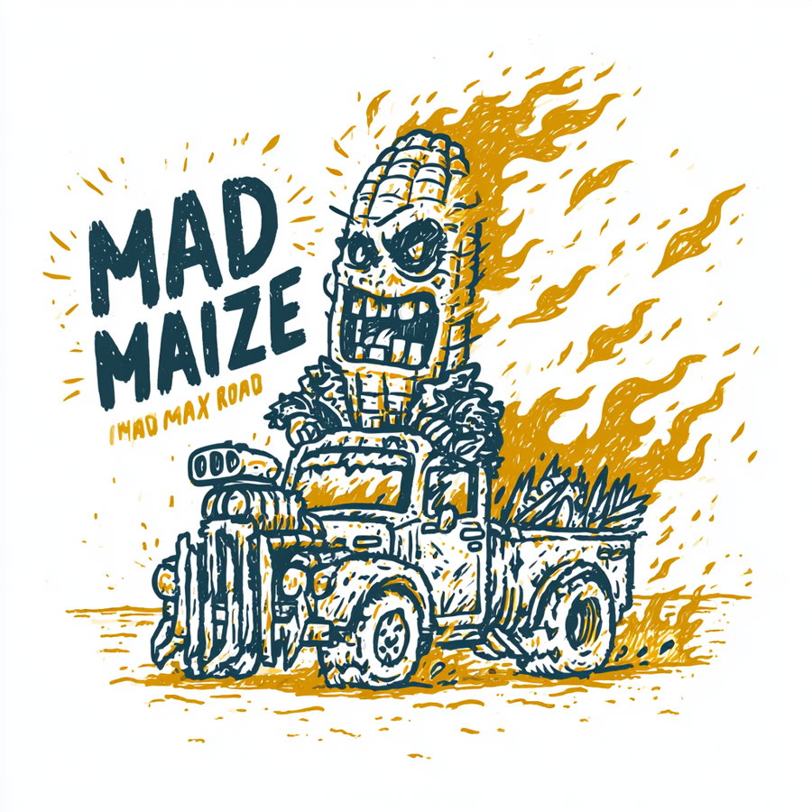 Drawing of an angry corn with a face riding in a stylized truck with flames, accompanied by text reading Mad Maize Mad Max Road