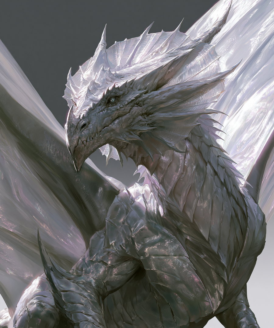 A close-up digital illustration of a majestic silver dragon with sharp features, scales, and large wings against a gray background