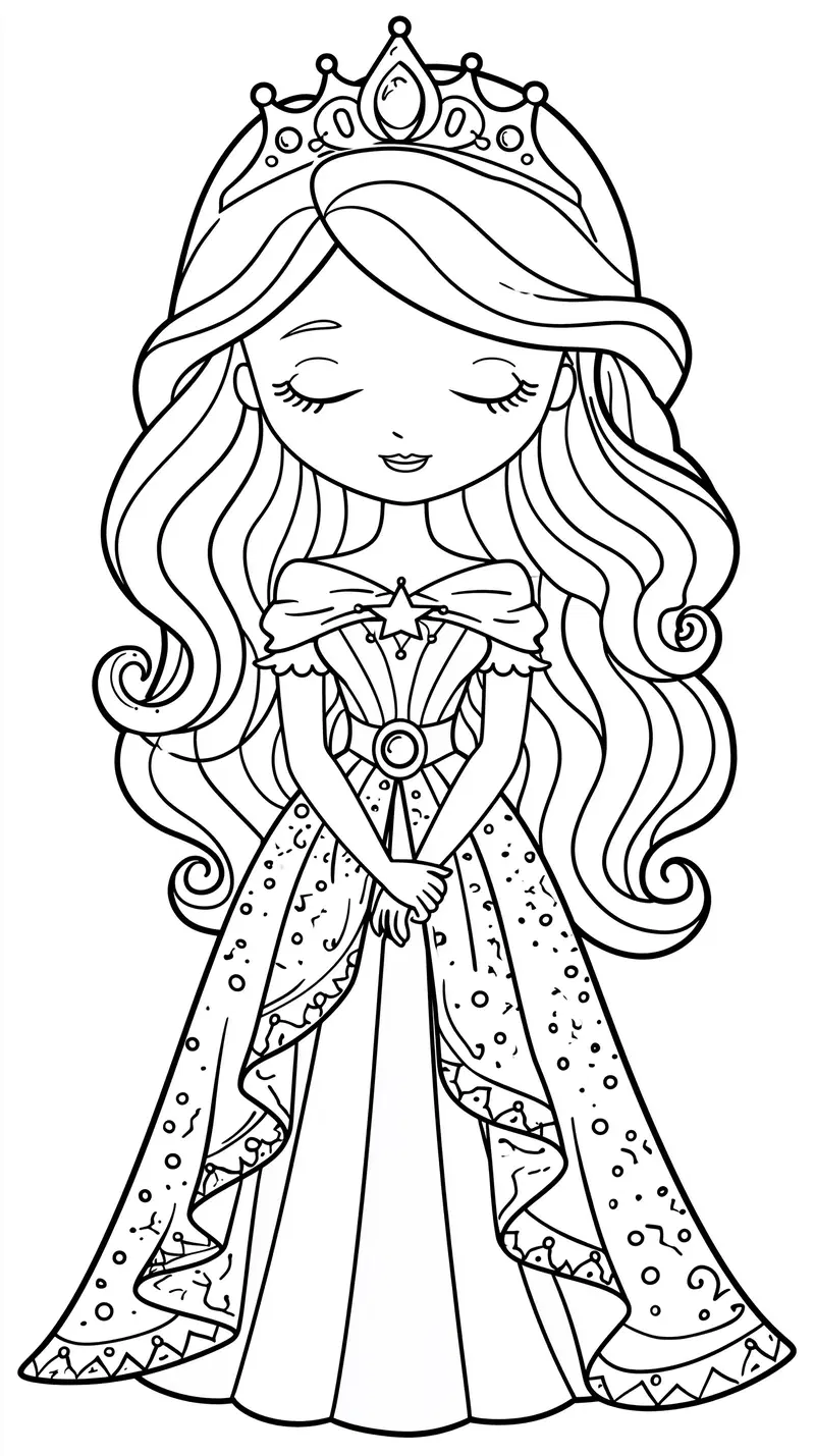 Black and white line drawing of a graceful princess with a crown and flowing hair