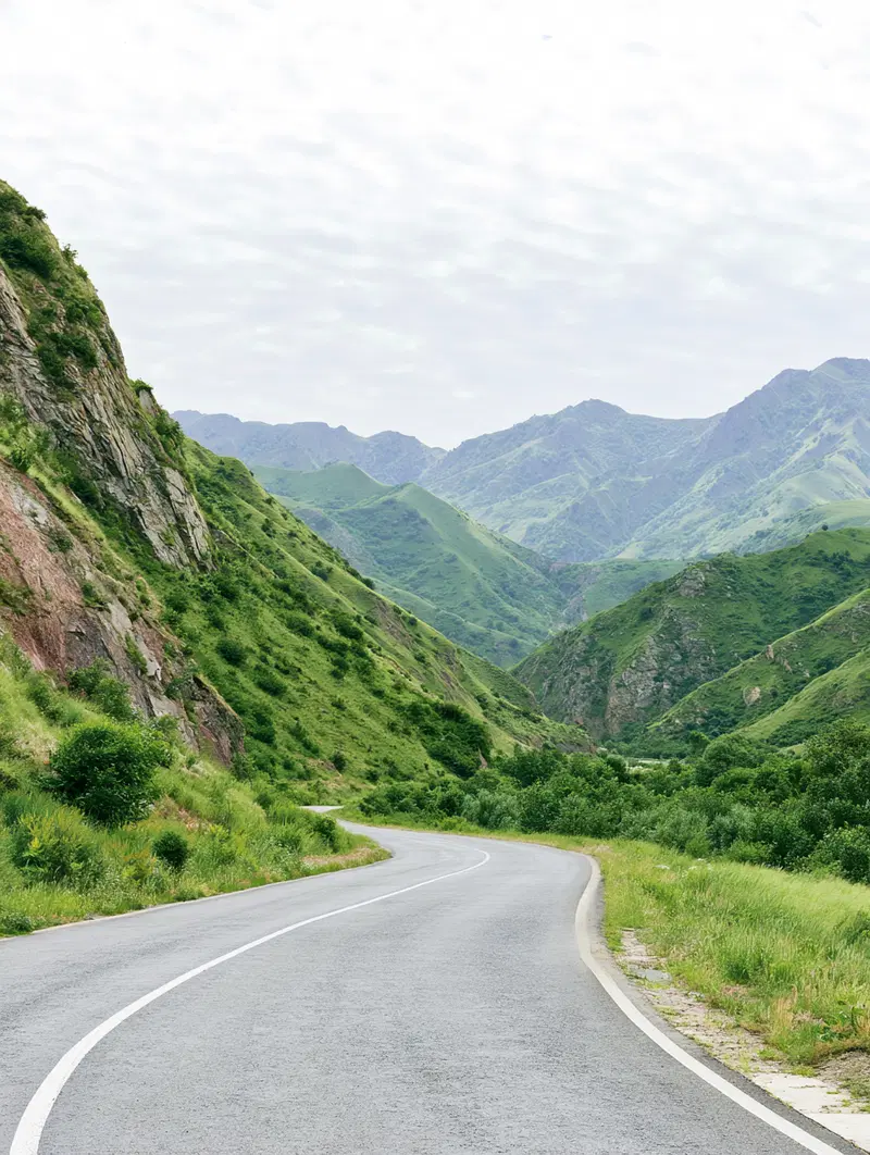 Winding road through lush green mountains under a cloudy sky