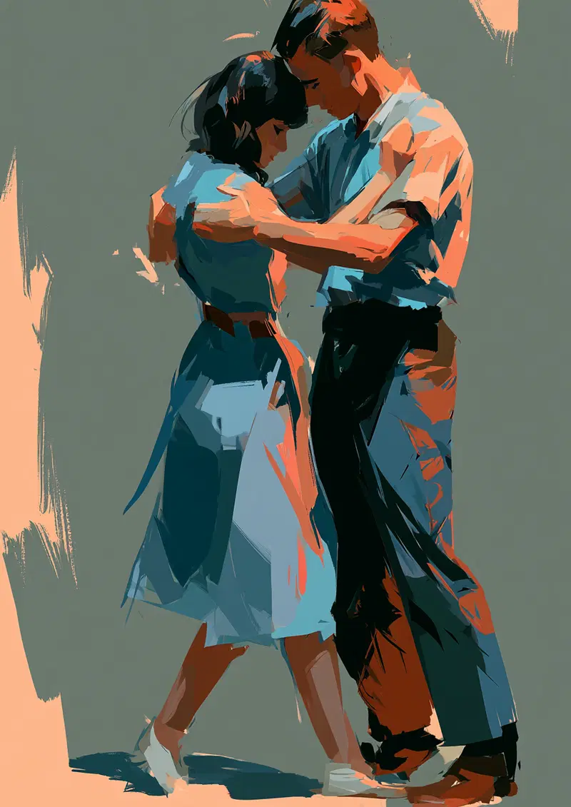 Stylized digital painting of a couple dancing intimately in soft, muted tones