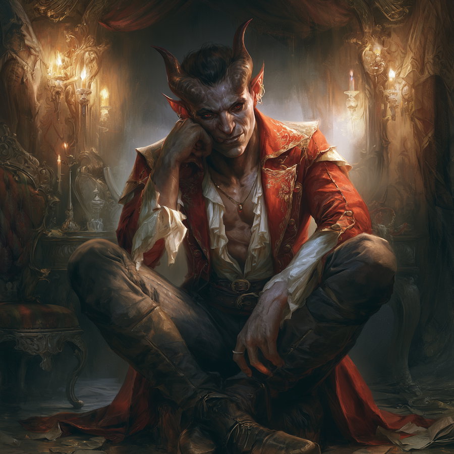 A fantasy character with red horns and pointed ears wearing a red coat and white ruffled shirt, sitting cross-legged on the floor in a dimly lit, ornately decorated room with candles mounted on the walls and antique furniture.