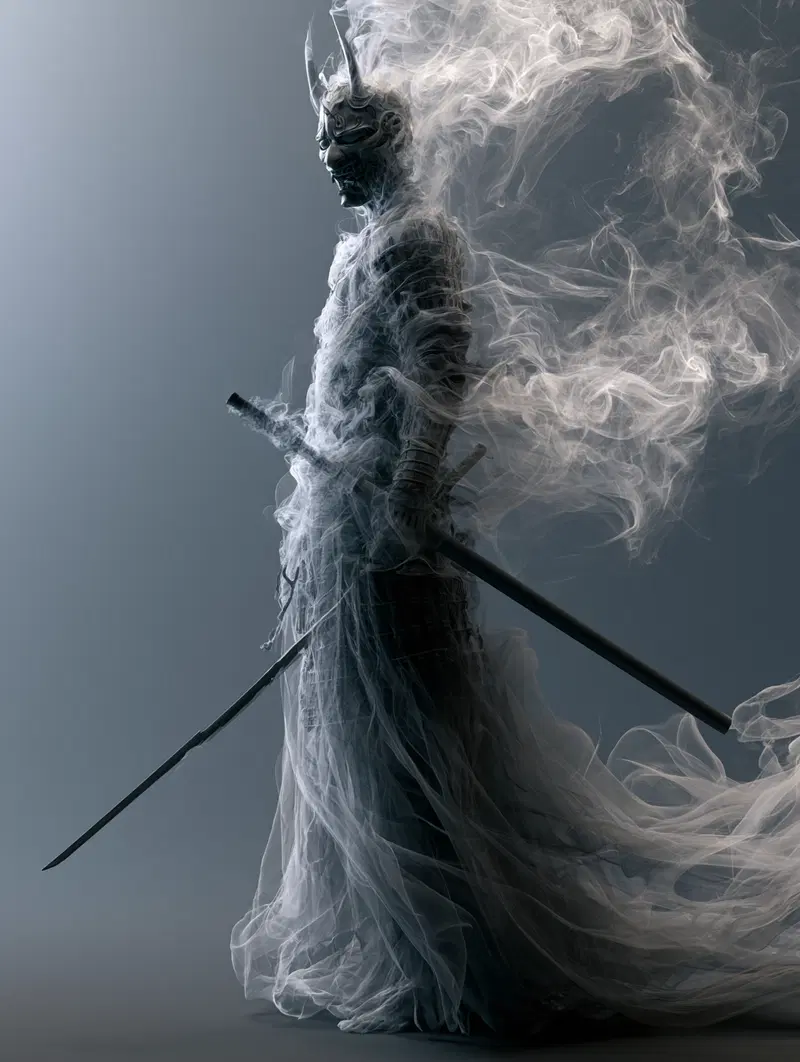 Dark fantasy warrior figure with a smoky ethereal presence and samurai swords