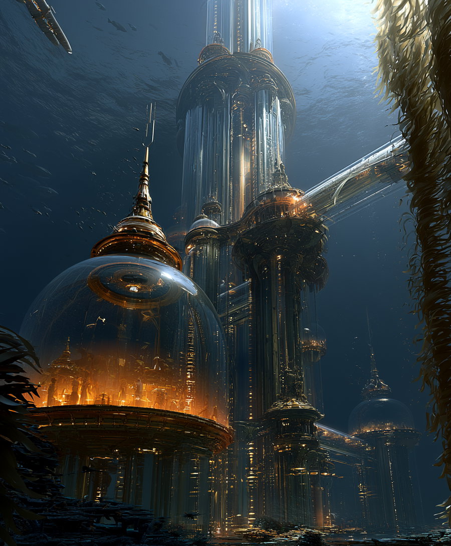 Intricate underwater building with glass domes and golden illuminated towers surrounded by seaweed and fish