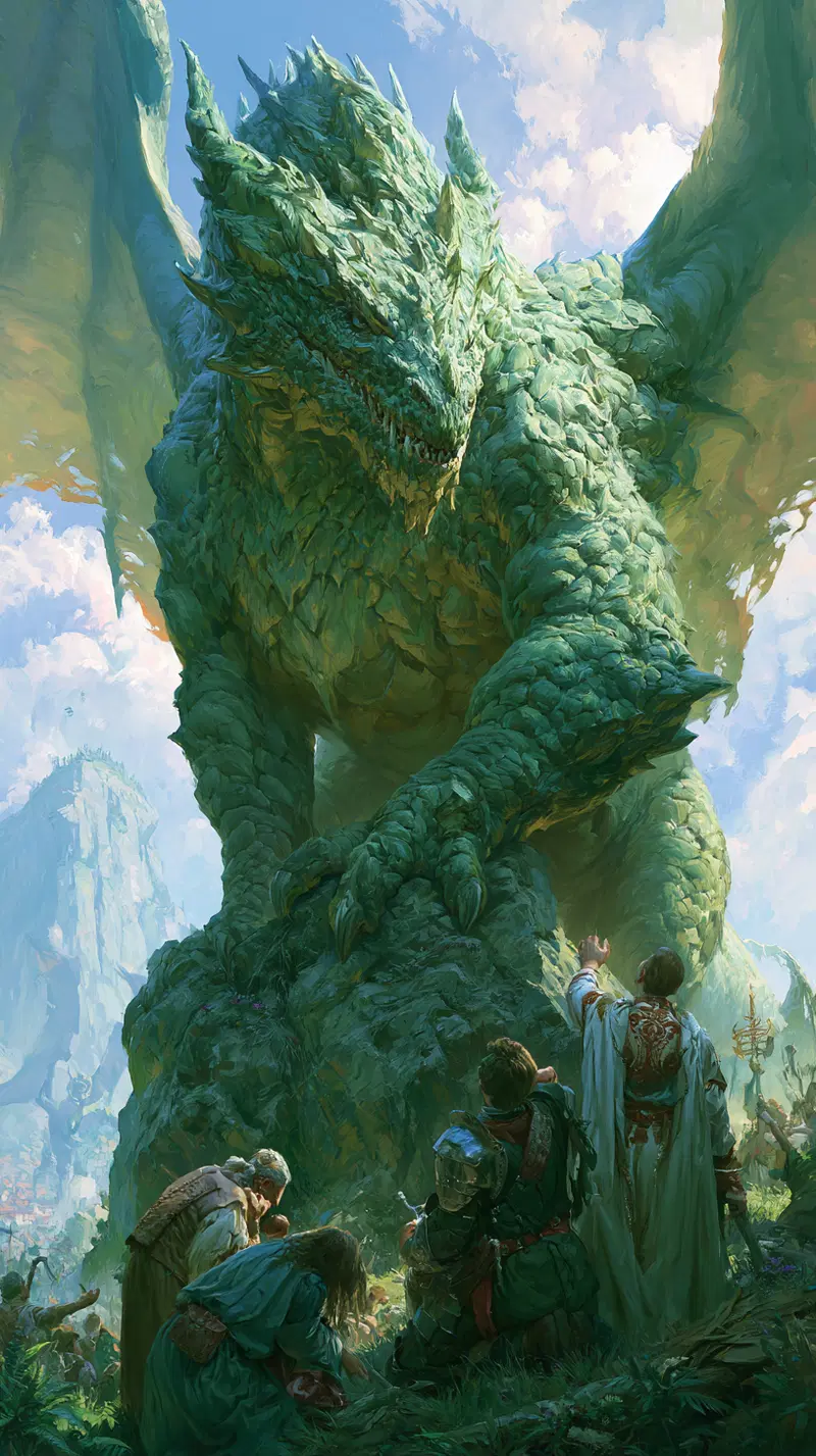 An awe-inspiring scene with a giant green dragon towering over kneeling people in medieval attire