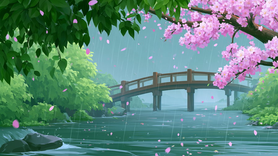 A peaceful garden featuring green leafy trees and pink cherry blossoms with petals falling, a wooden curved bridge over a water body, and raindrops falling gently