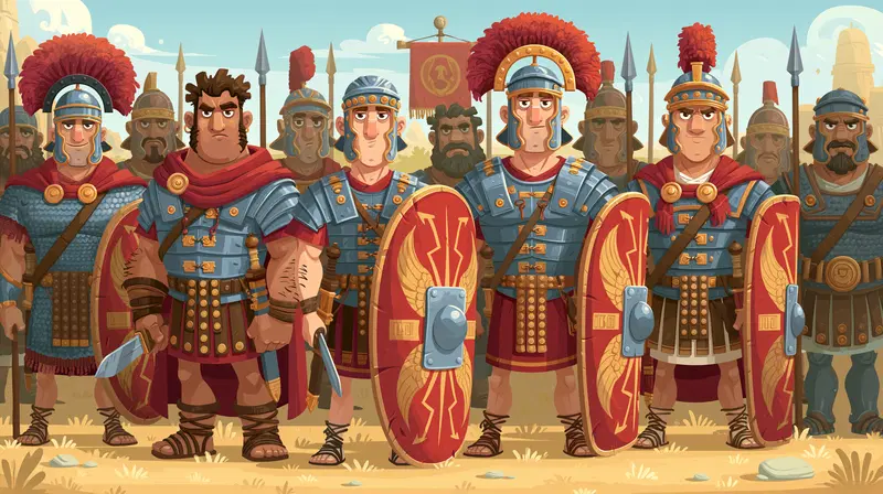 Group of Roman soldiers standing ready for battle in detailed armor and shields
