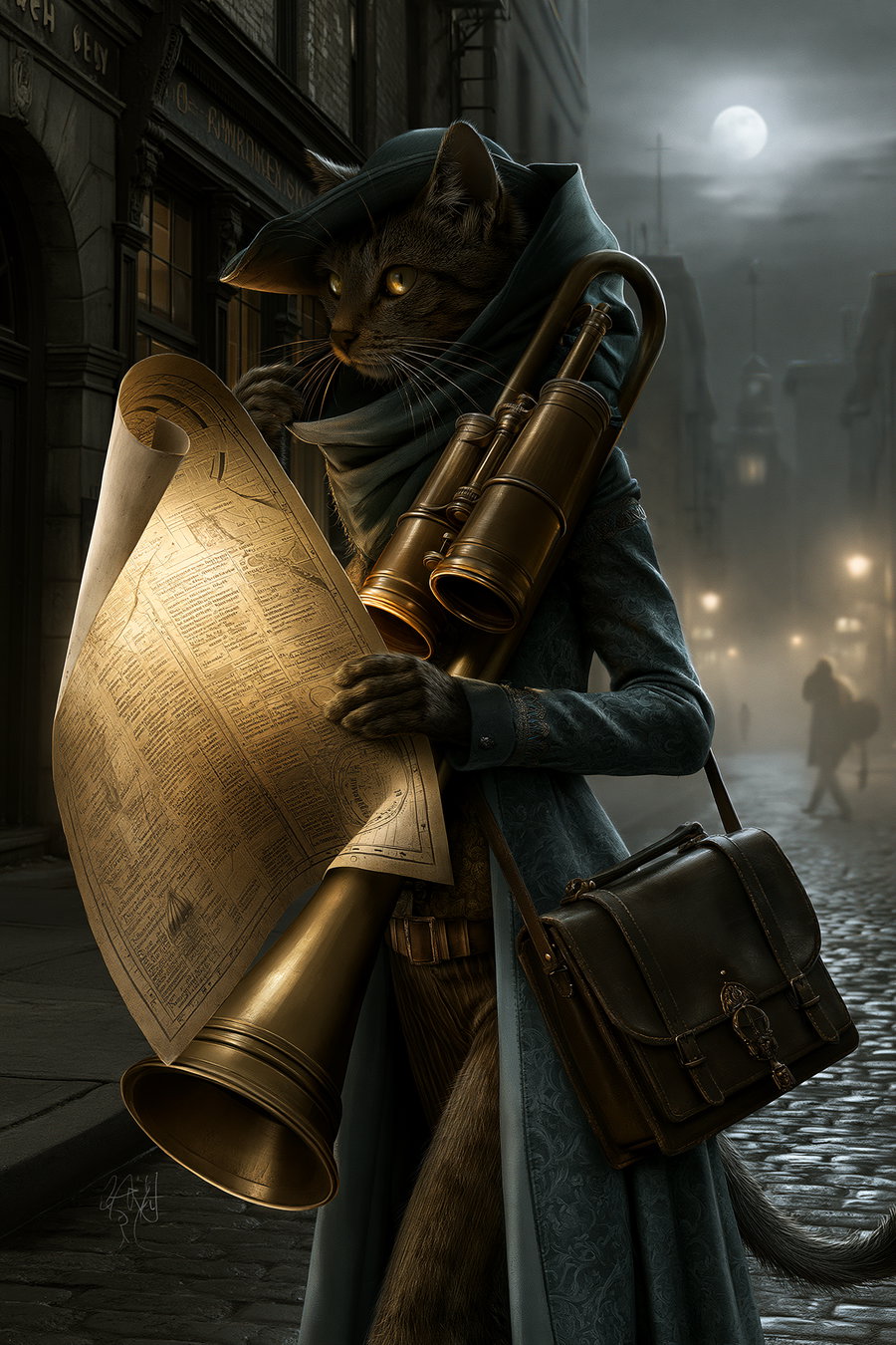A detailed fantasy illustration of an anthropomorphic cat wearing a Victorian-style hat and coat, reading a map in a foggy, moonlit cobblestone street. The cat carries a large brass telescope and a leather satchel, with a backdrop of old buildings and faintly visible figures in the distance.