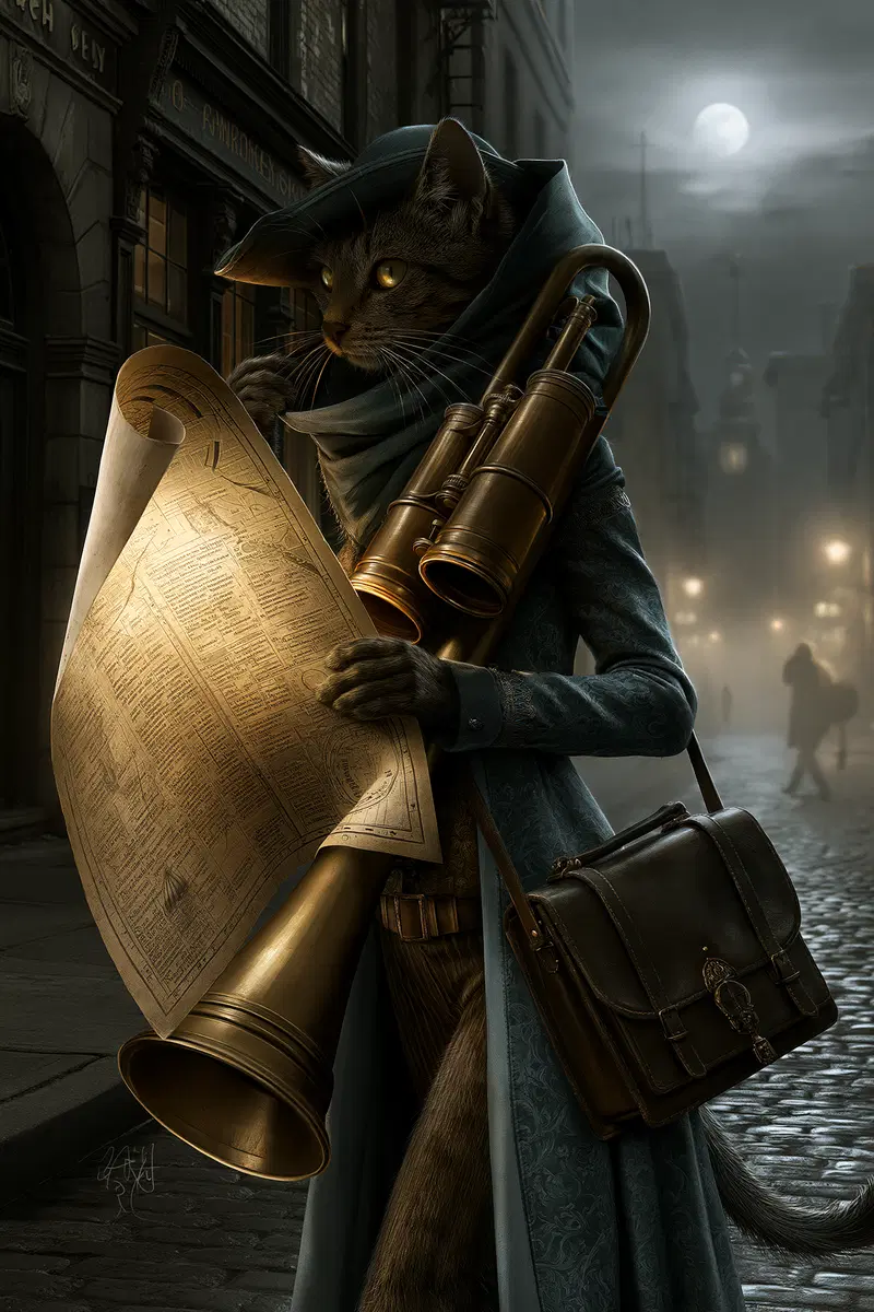 Anthropomorphic cat explorer in Victorian attire reading a map at night