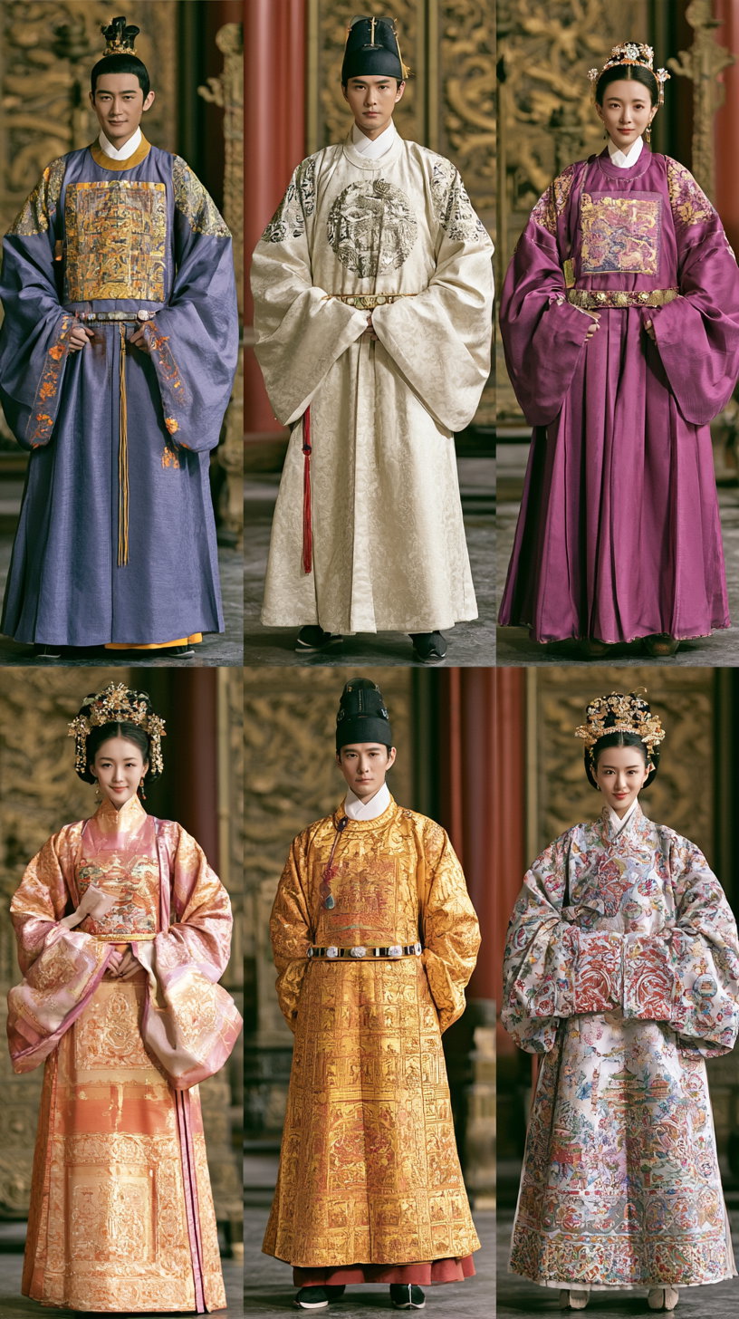 Six individuals wearing ornate traditional Asian clothing featuring elaborate embroidery and traditional headgear, posed against a richly decorated background.