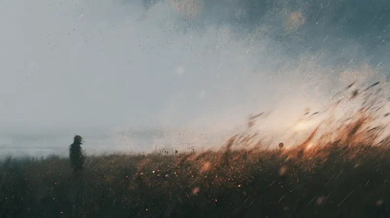 Moody atmospheric scene of a lone figure in tall grass at sunset