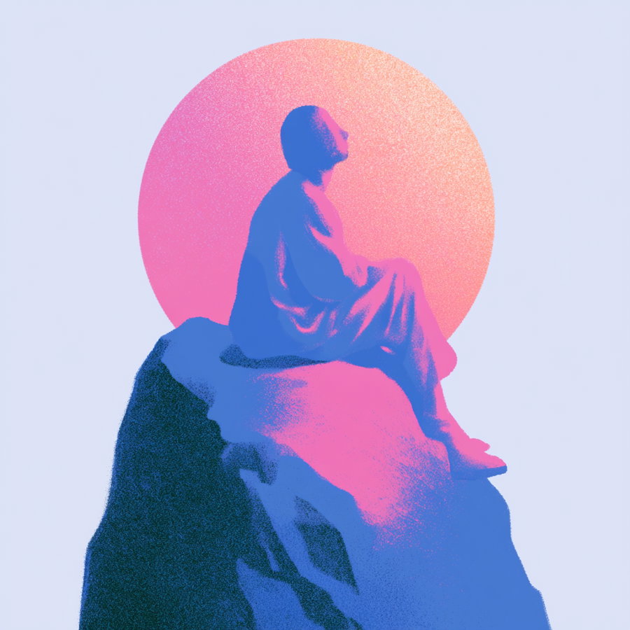 A stylized image of a person sitting on a large rock, bathed in pink and blue light, with a large glowing pink and orange sun behind them against a light blue background.