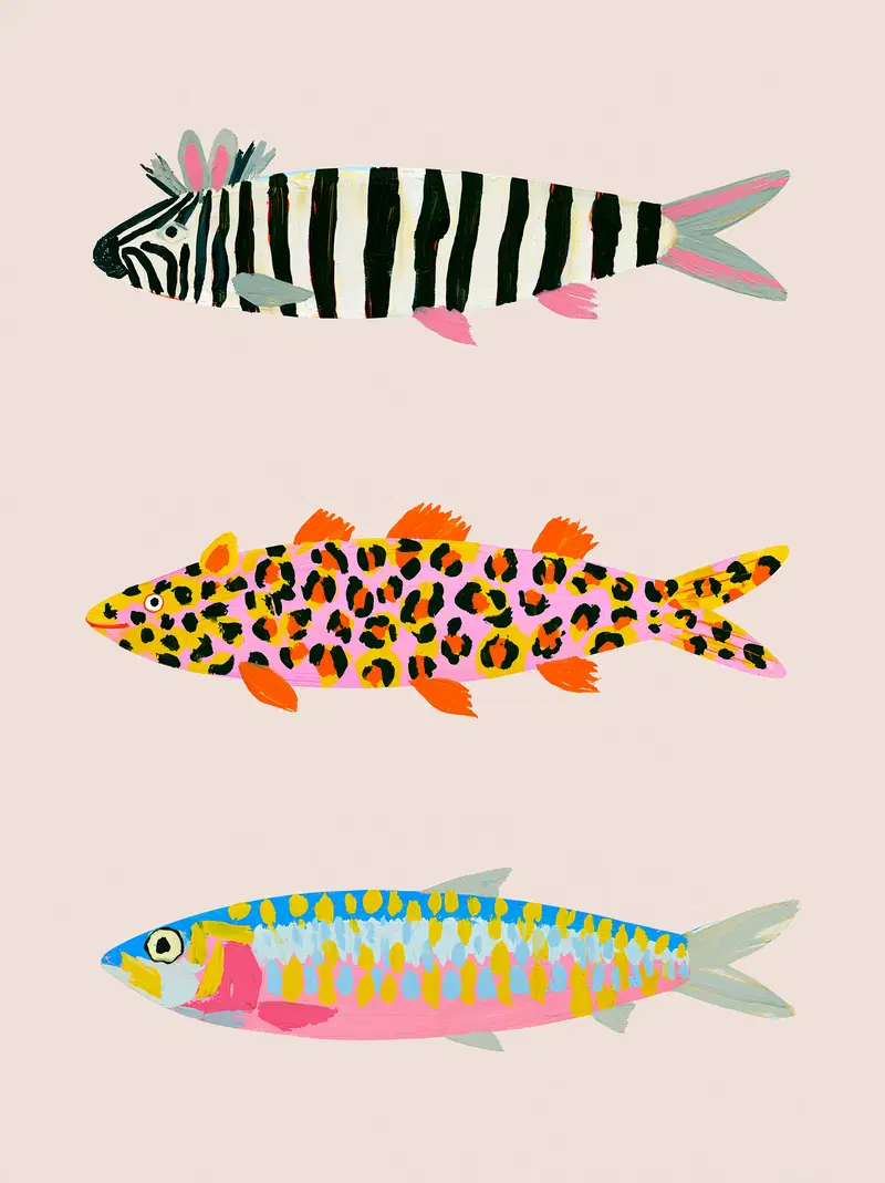 Colorful artistic fish illustrations with mixed animal patterns on pastel