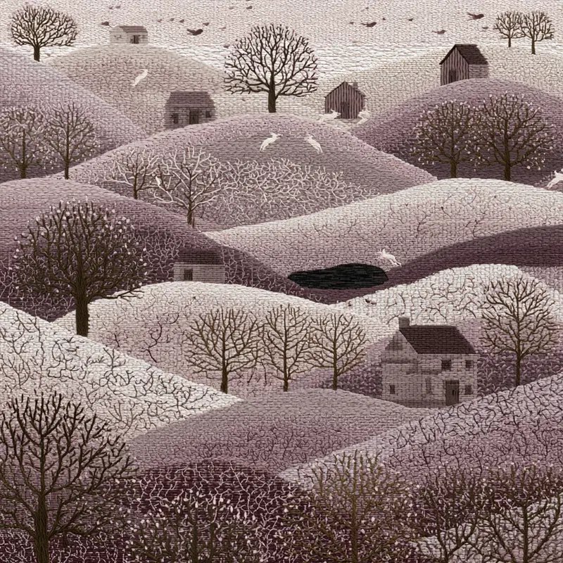 Subtle winter landscape with soft rolling hills, leafless trees, and small houses