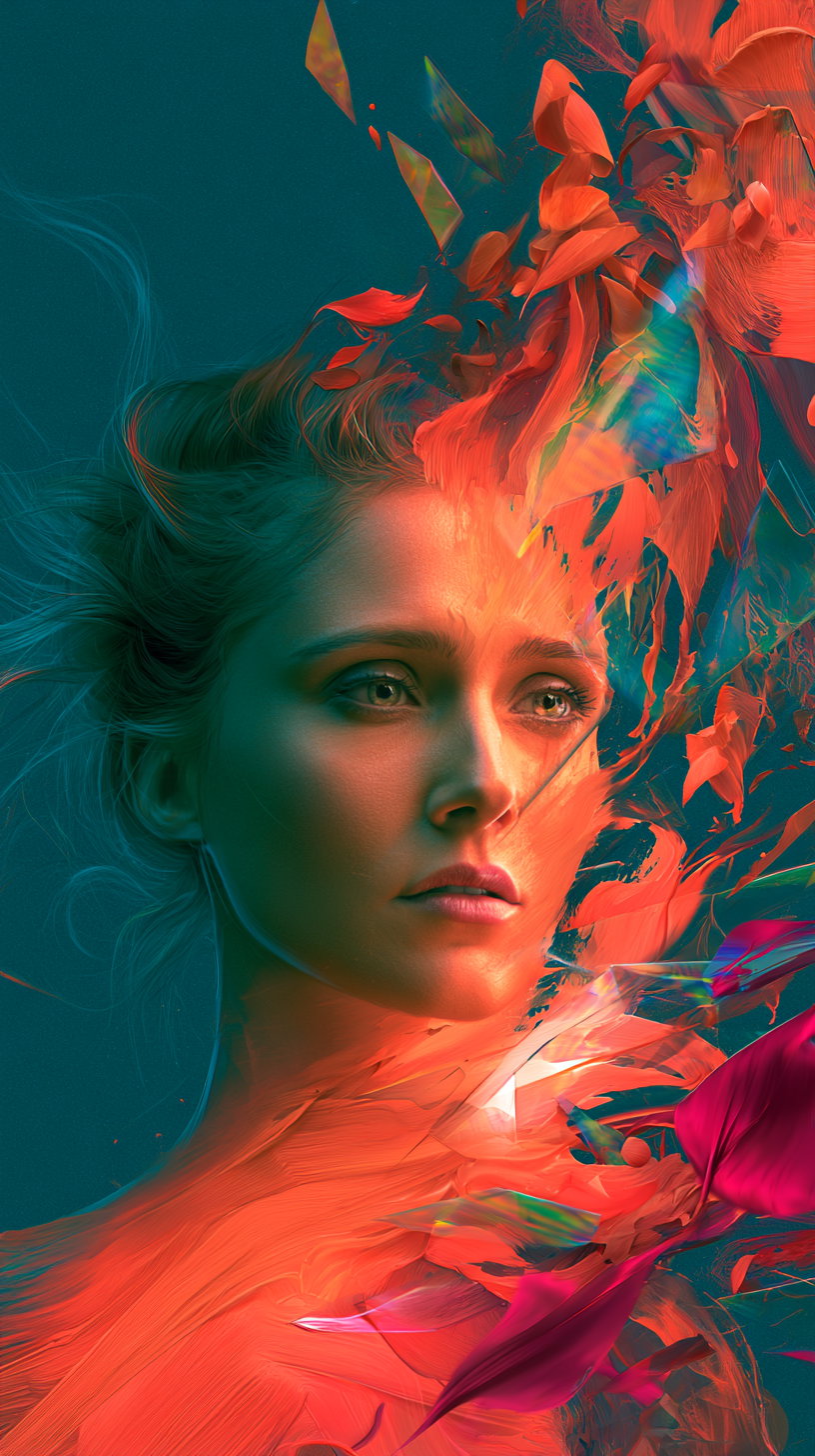 A close-up portrait of a woman with a contemplative expression, her face and neck blending into flowing, abstract orange and red floral shapes against a teal background.