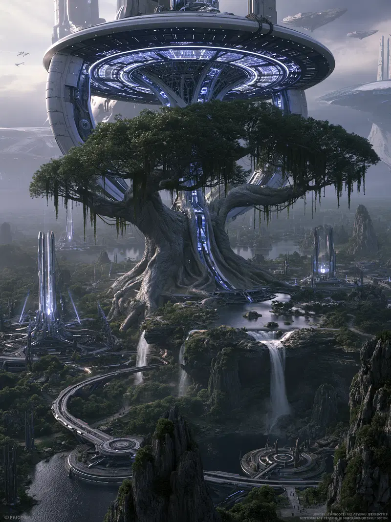 Futuristic city with giant tree and advanced architectural structures