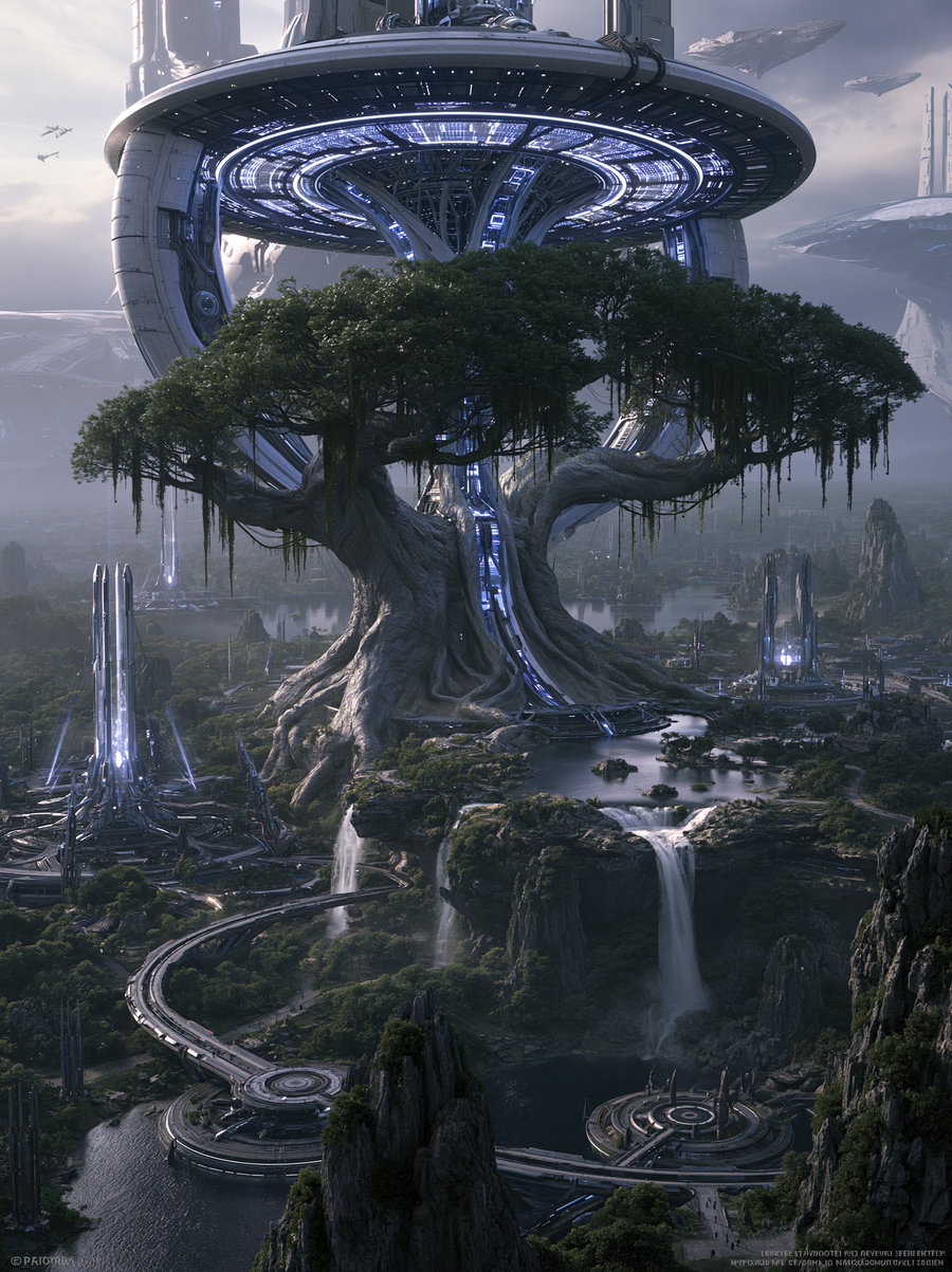 A large futuristic cityscape featuring a colossal tree integrated with advanced technology and luminous circular architectural structures, surrounded by waterfalls, rocky terrain, and lush greenery.