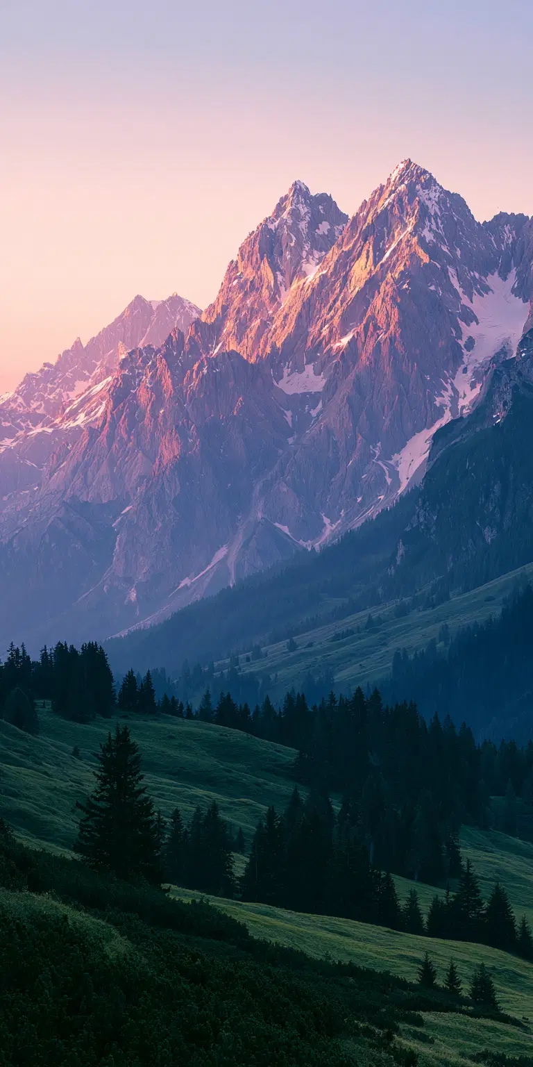 Sunset illuminating rugged snow-capped mountain peaks over green forested hills