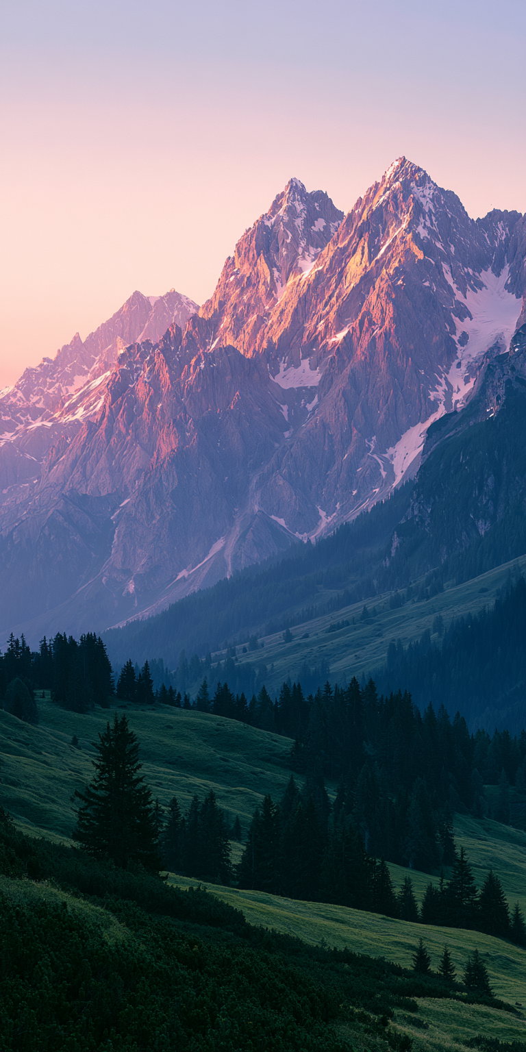 A landscape featuring towering snow-covered mountain peaks bathed in warm sunset light with a foreground of green hills and dense evergreen trees