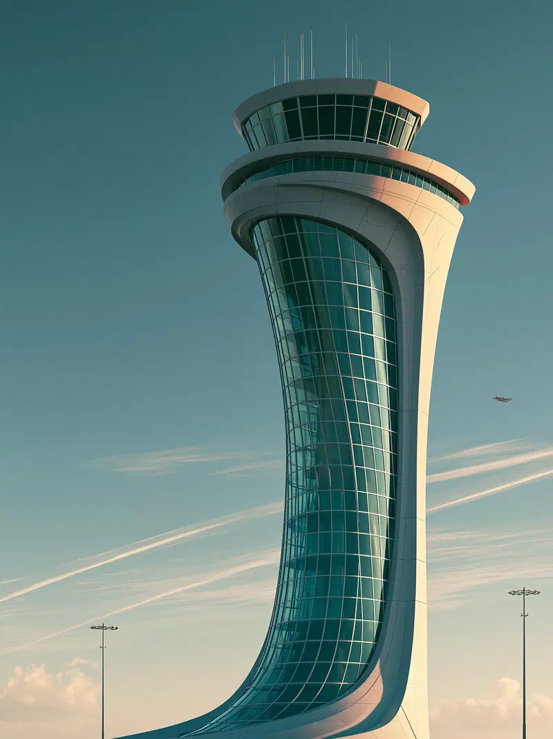 Surreal futuristic control tower with curved glass and modern design