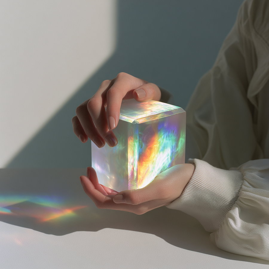 Human hands gently holding a luminous clear cube that displays vibrant rainbow light reflections on a white surface
