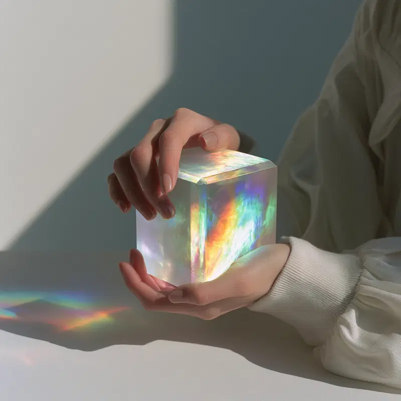 Hands delicately holding a glowing translucent cube refracting rainbow colors