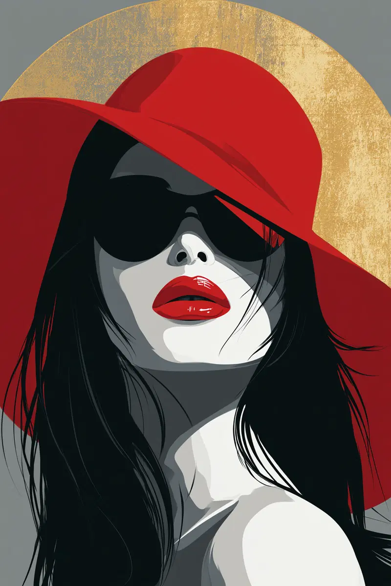 Stylish portrait of a woman with red hat and sunglasses in digital art