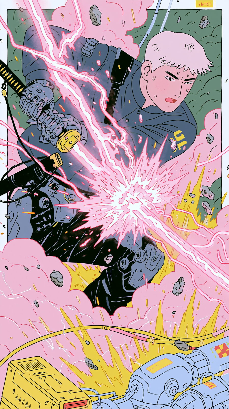 A futuristic combat scene portraying a warrior with white hair wielding a glowing electrified sword that emits pink lightning and sparks, surrounded by explosions, smoke, and debris in a highly stylized sci-fi environment.