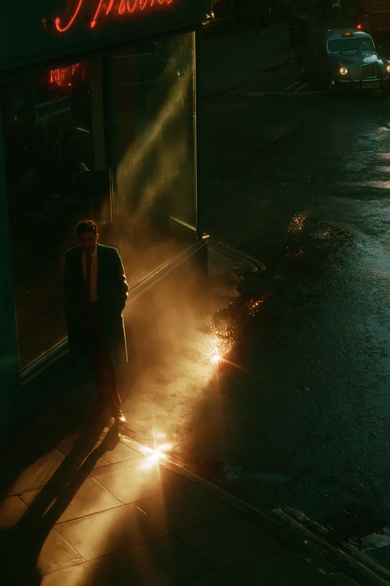 Man standing in moody street light casting long shadows in cinematic scene