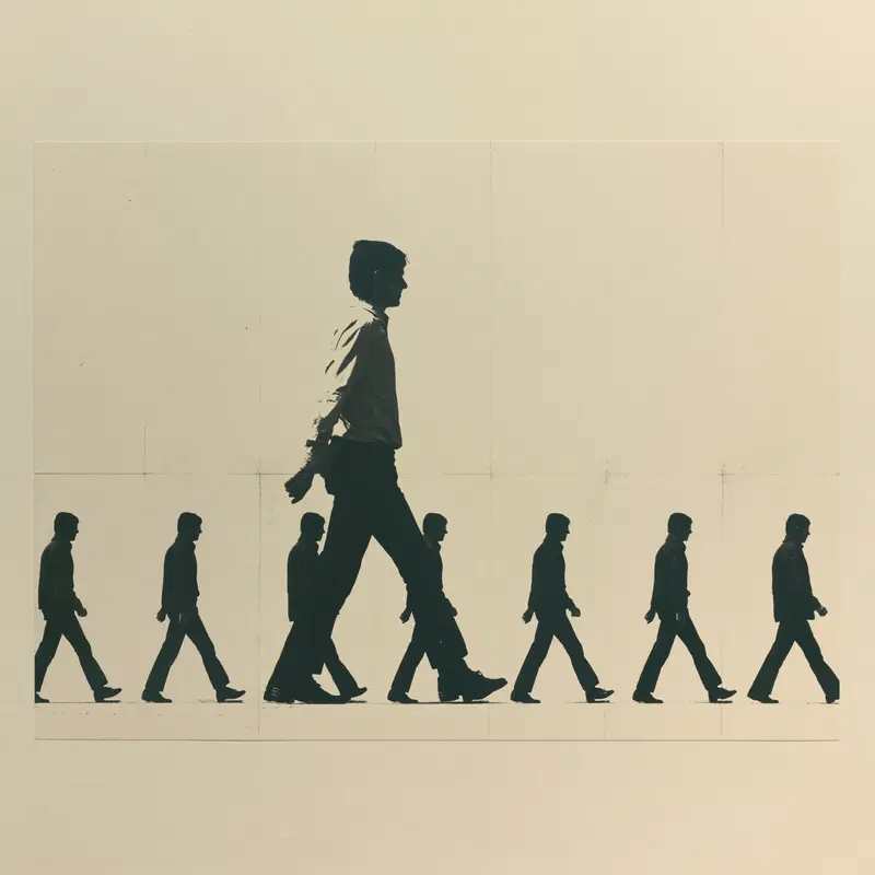 Surreal artwork showing a giant man walking among smaller identical figures
