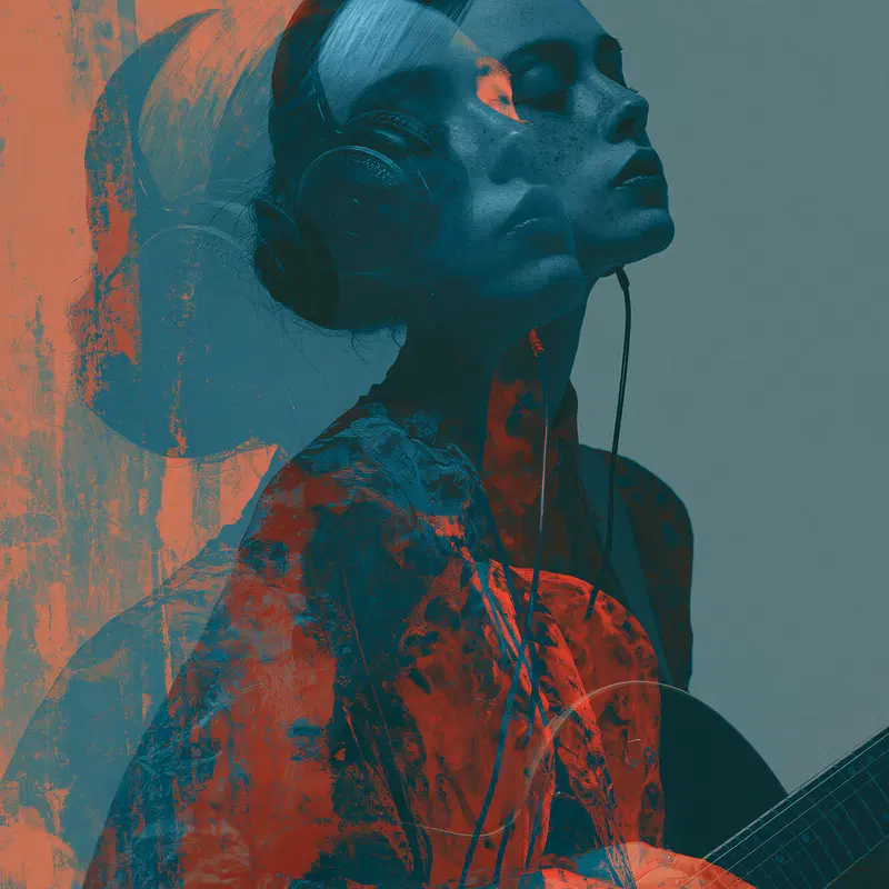 Surreal double exposure portrait of a woman with headphones and guitar in blue and orange tones