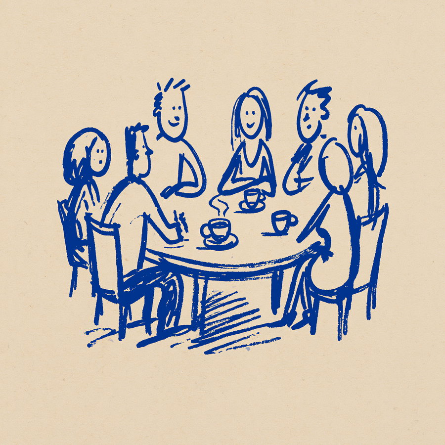 Blue line drawing on beige background showing six people seated around a round table with three coffee cups on it