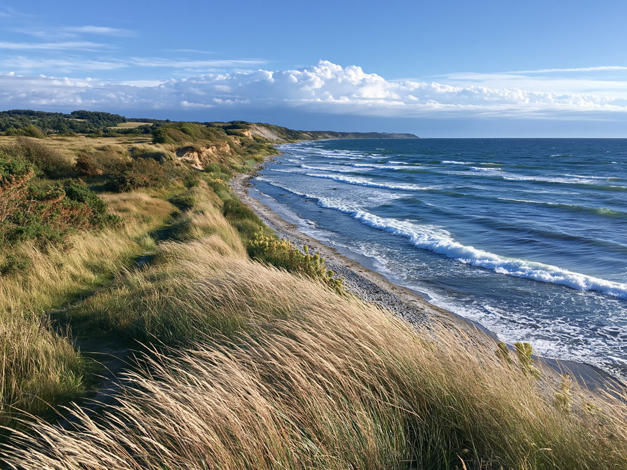 View of a coastline with grassy cliffs on the left and ocean waves rolling onto the shore on the right, under a partly cloudy blue sky