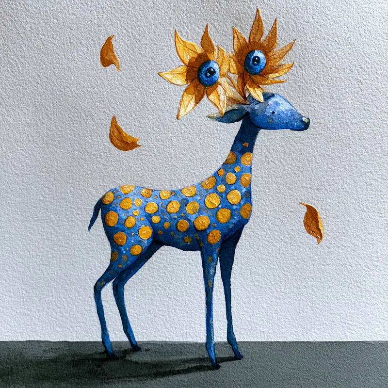 Whimsical blue deer with sunflower antlers and orange spots surrounded by falling petals