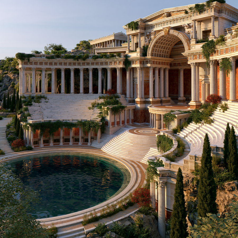 A grand ancient-style building with columns, arches, and stairs surrounding a circular pool, set in a lush landscape with greenery and rock formations