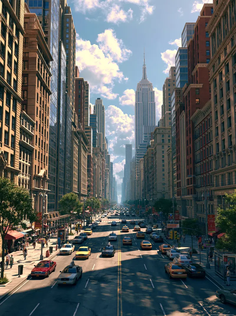 Busy city street with tall skyscrapers and clear blue sky