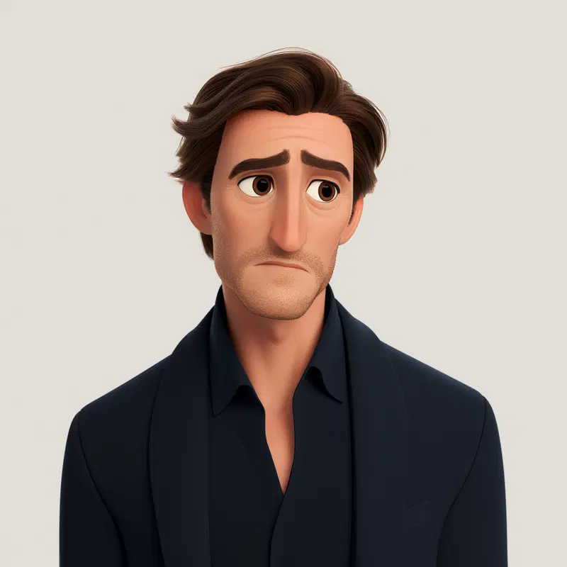 3D animated styled male character with somber expression in dark clothing
