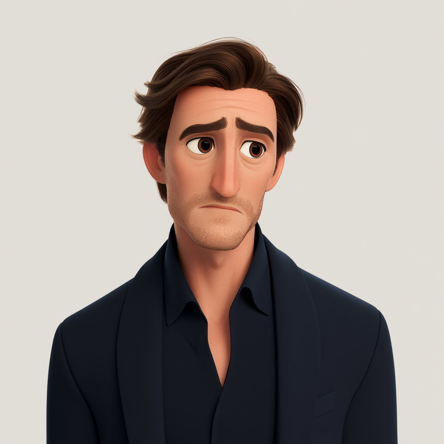 A 3D animated male character with medium brown hair and stubble wearing a dark shirt and jacket, looking to the side with a sad or contemplative expression.
