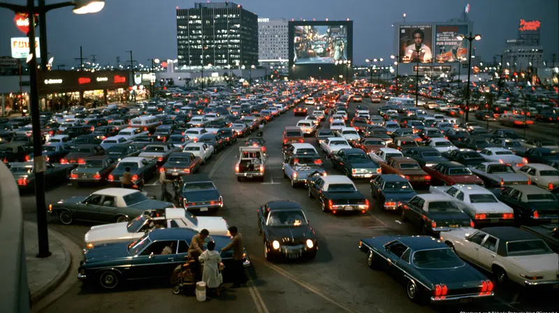 Crowded city parking lot and busy street scene at dusk with vintage cars