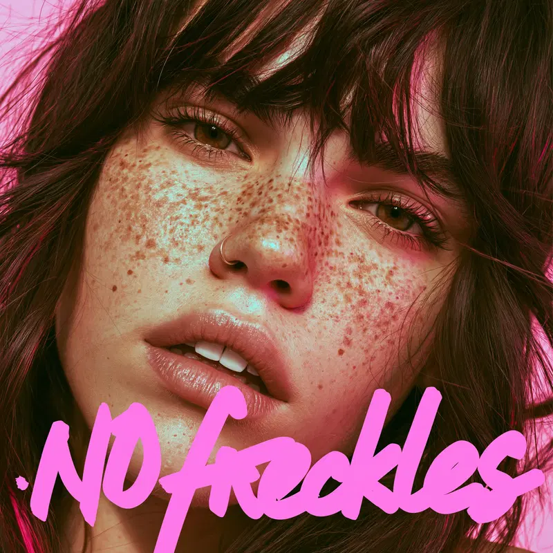 Close-up portrait of a young woman with freckles and a nose ring