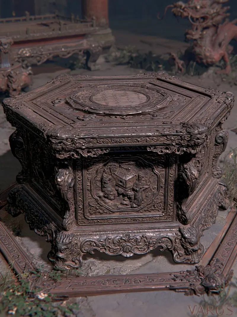 Intricately carved hexagonal wooden table with antique design